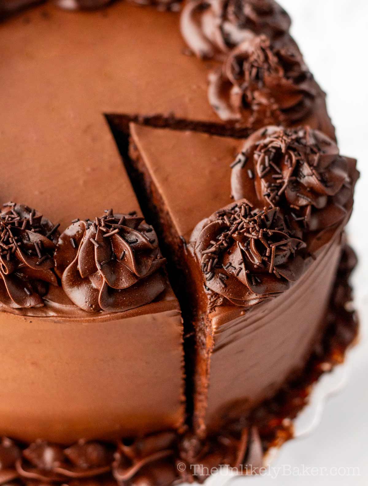 Chocolate overload cake with chocolate fudge frosting.