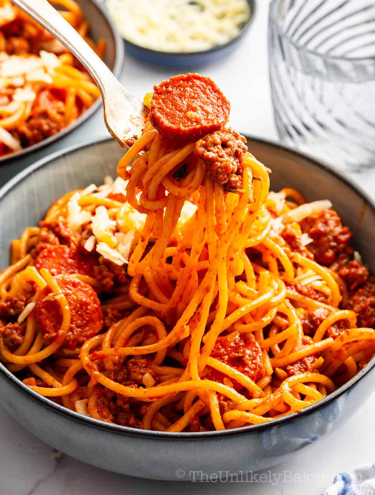 Filipino spaghetti style with hotdogs.