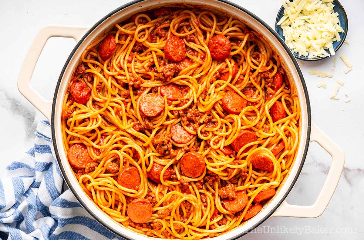 Filipino style spaghetti in a pan.
