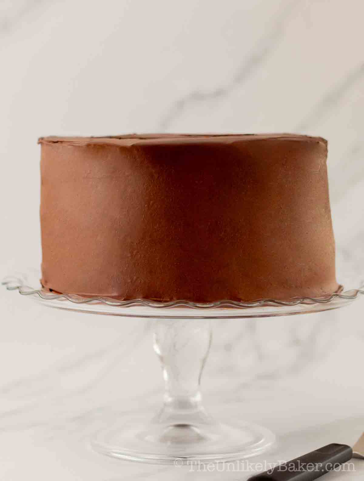 Chocolate cake with crumb coat.