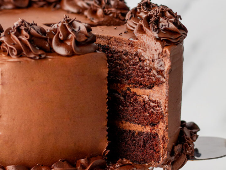 Chocolate overload cake with chocolate fudge frosting.