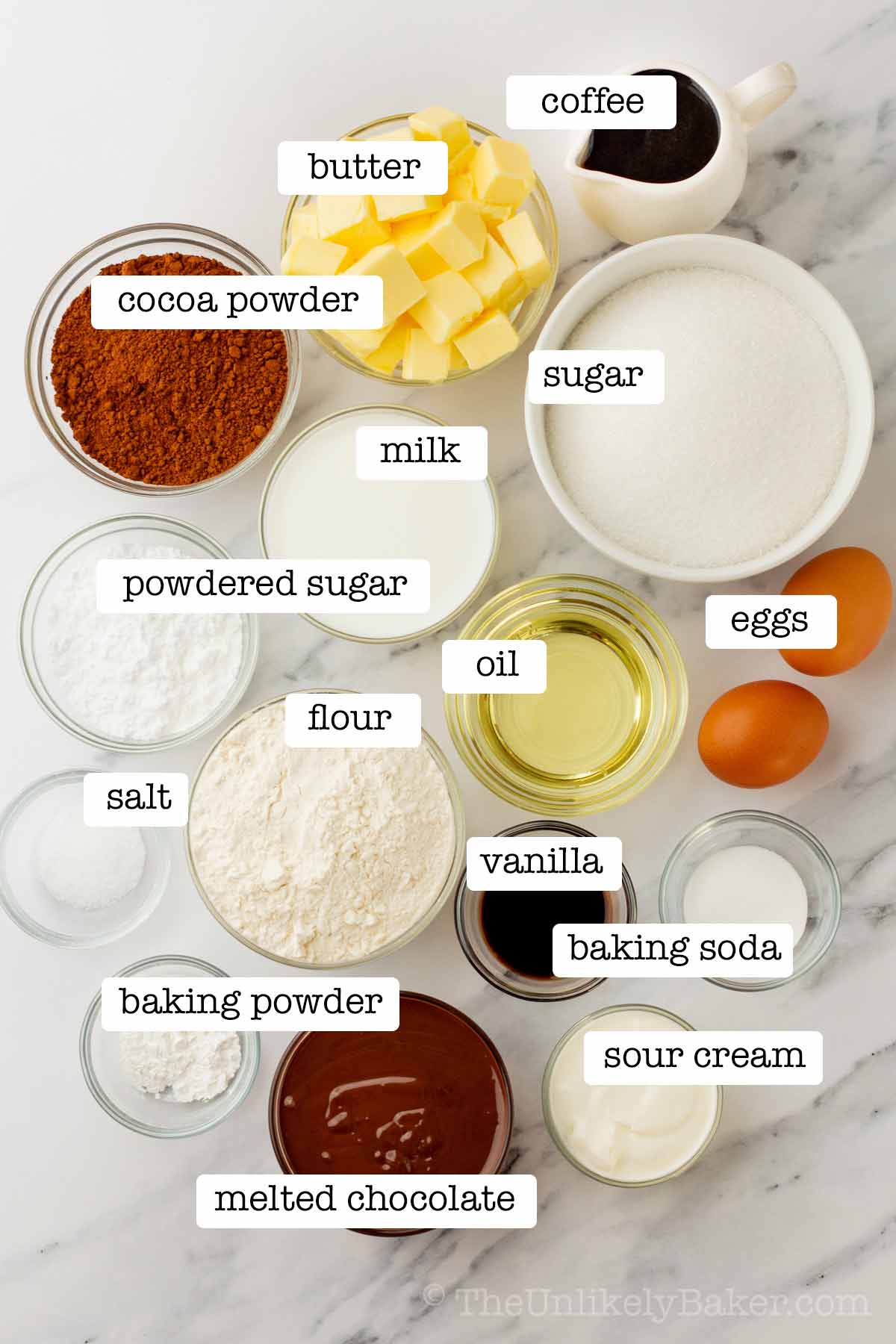 Ingredients for chocolate overload cake with text overlay.