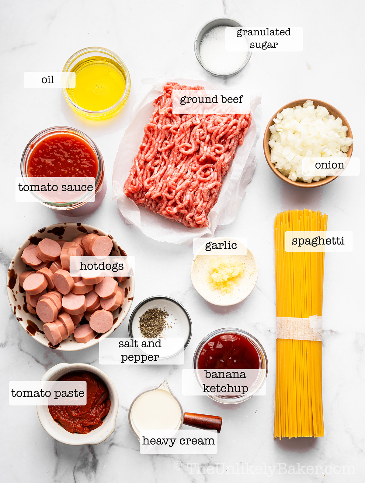 Filipino spaghetti ingredients with text overlay.