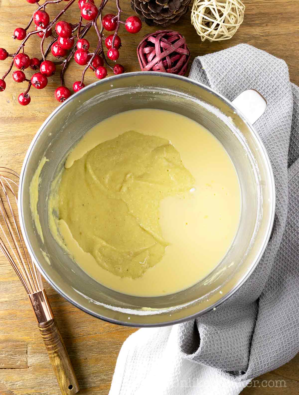 Eggnog added to cake batter.