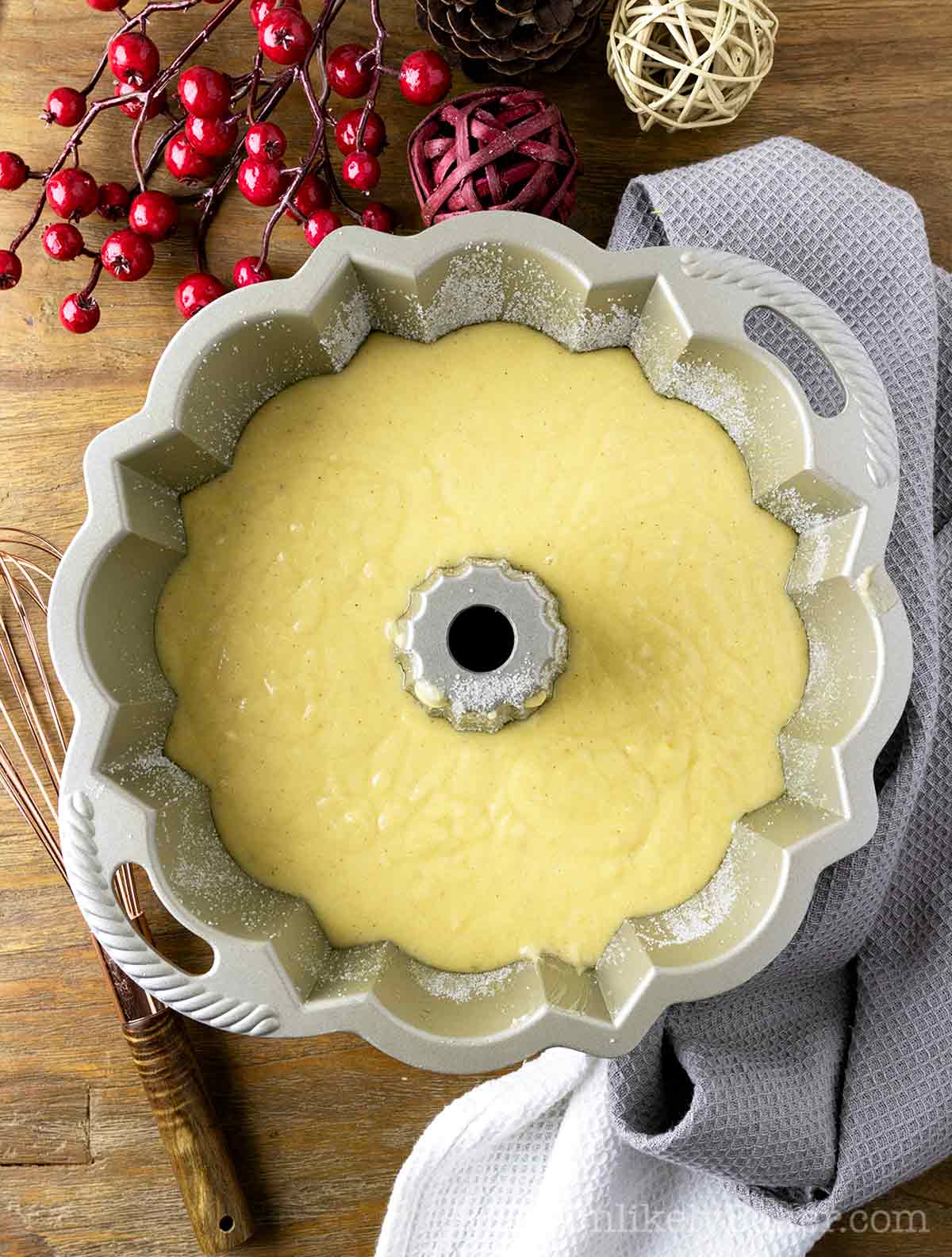 Cake batter in a bundt pan.