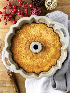 Freshly baked eggnog butter cake.
