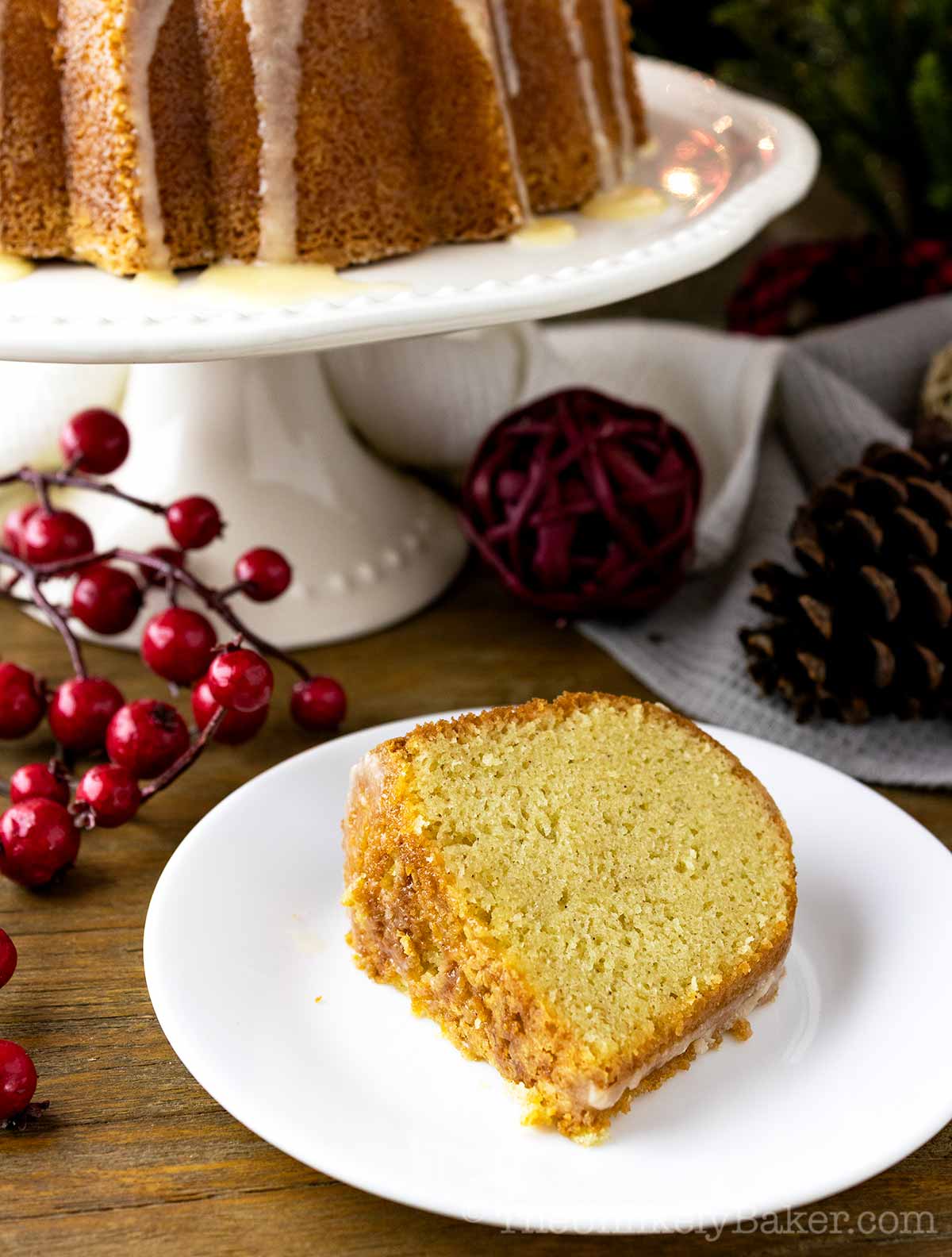 A slice of cake made with eggnog.