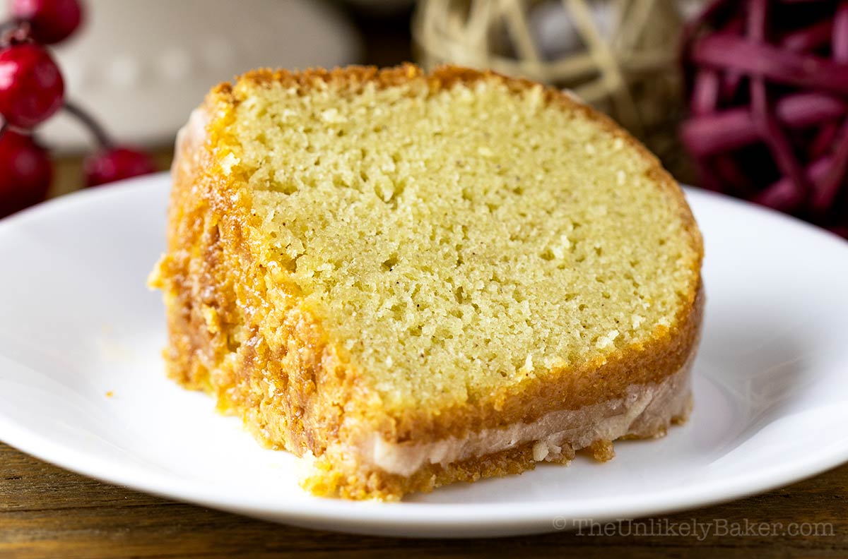 A slice of eggnog pound cake.