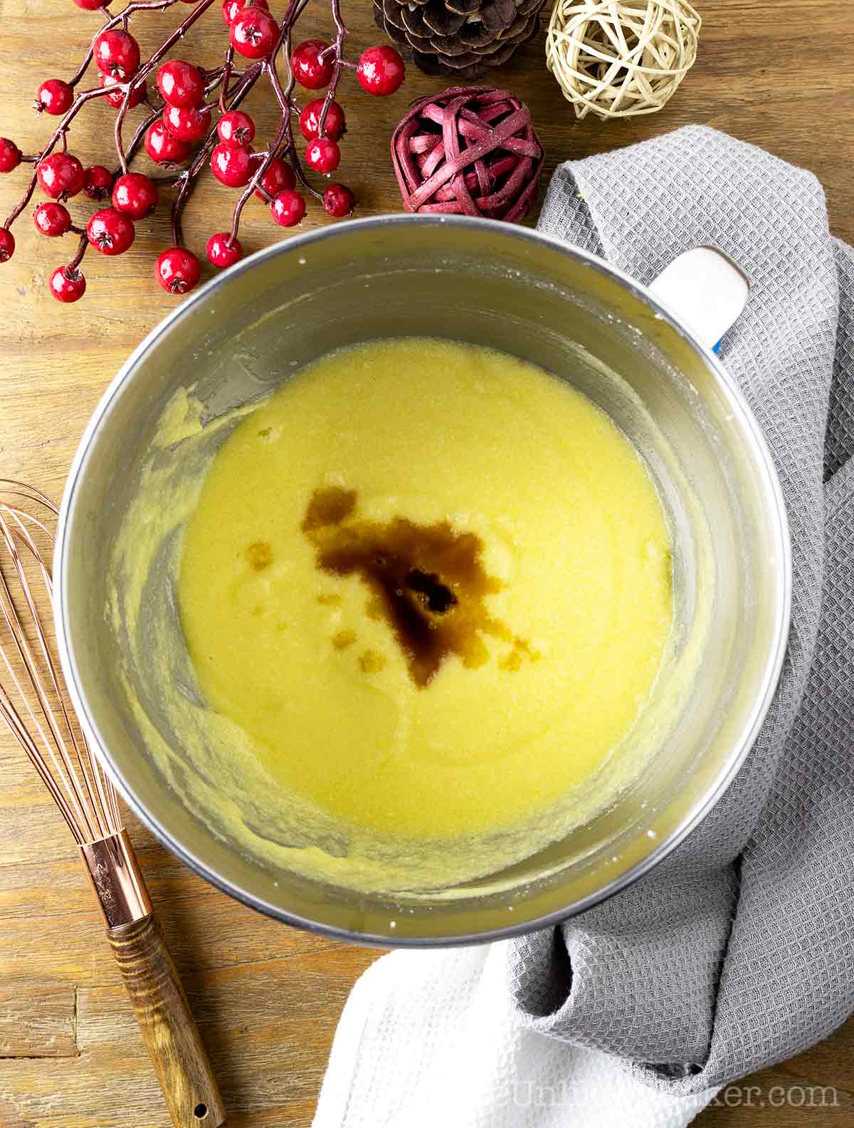 Vanilla and rum added to cake butter.