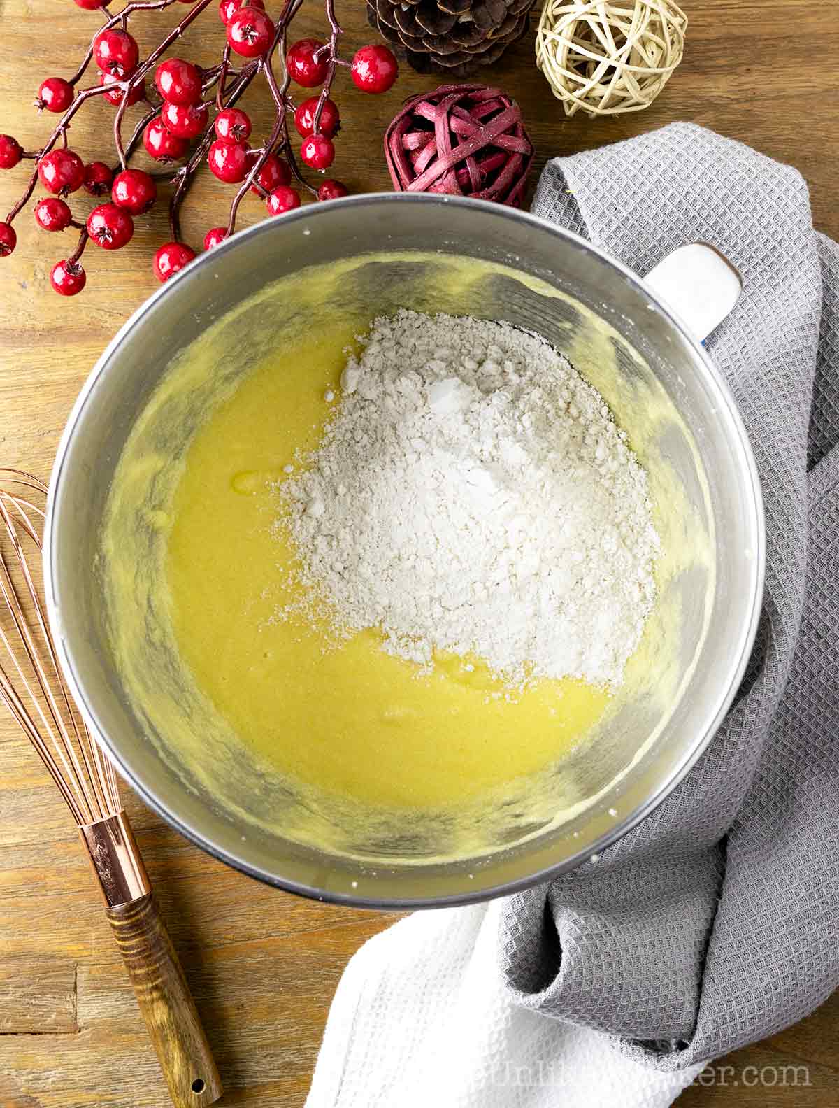Flour mixture added to cake batter.