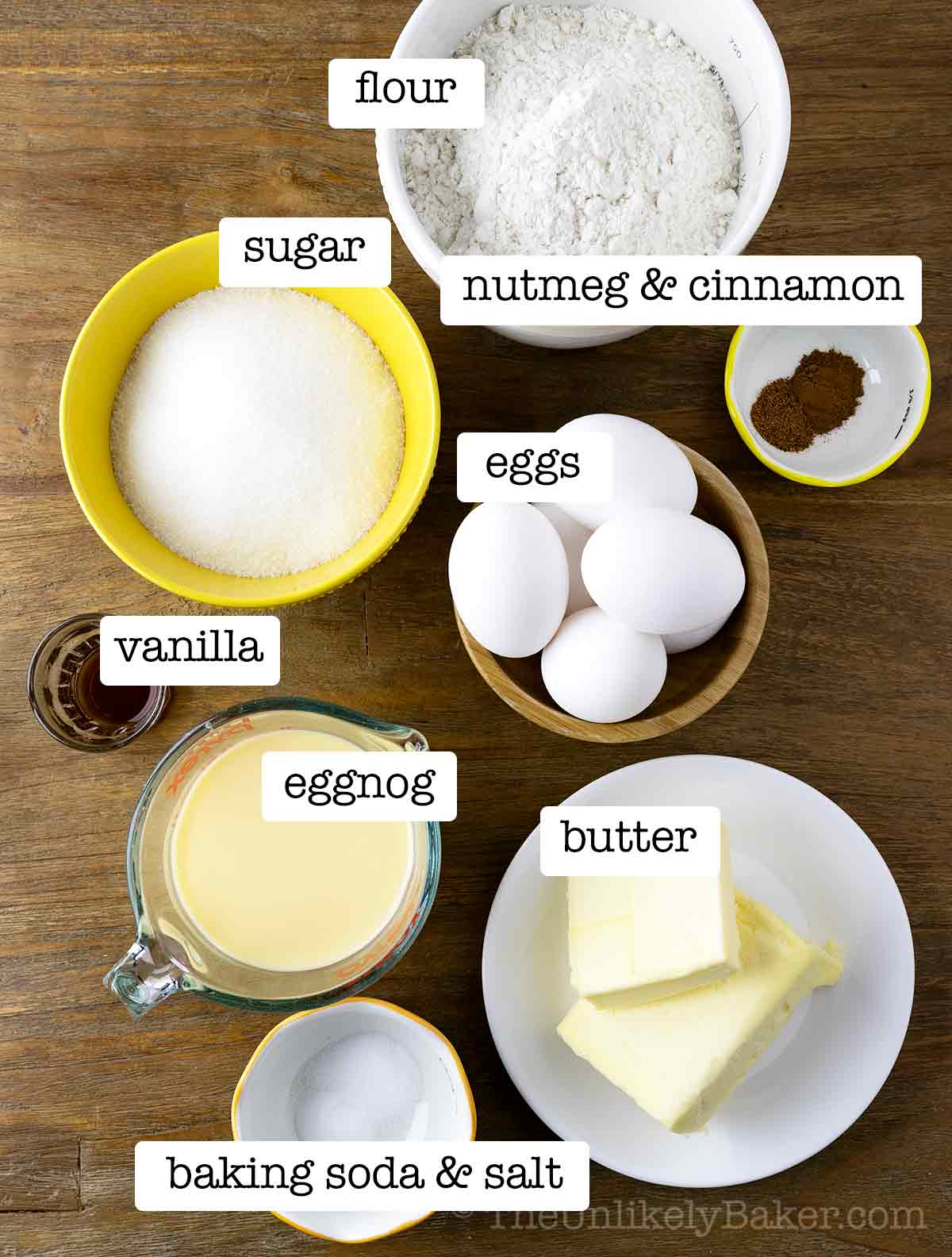 Ingredients for eggnog pound cake with text overlay.