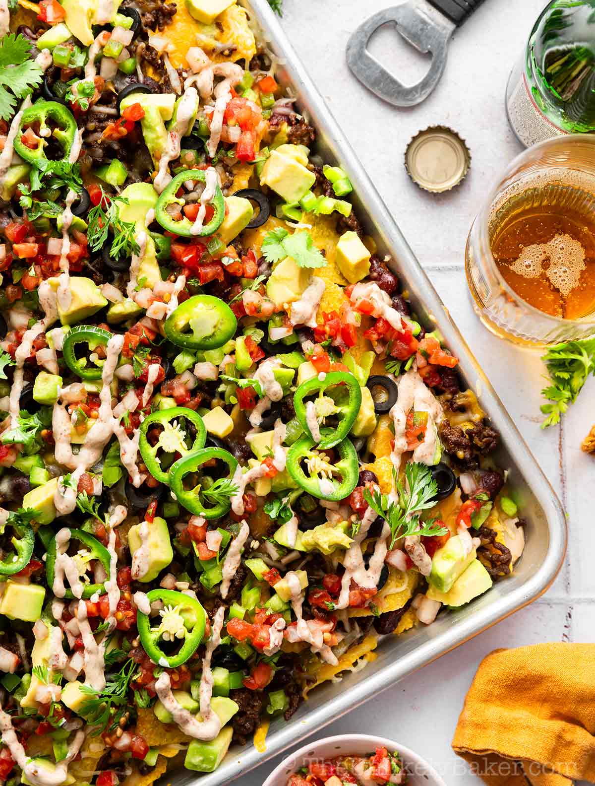Ultimate nachos with ground beef.