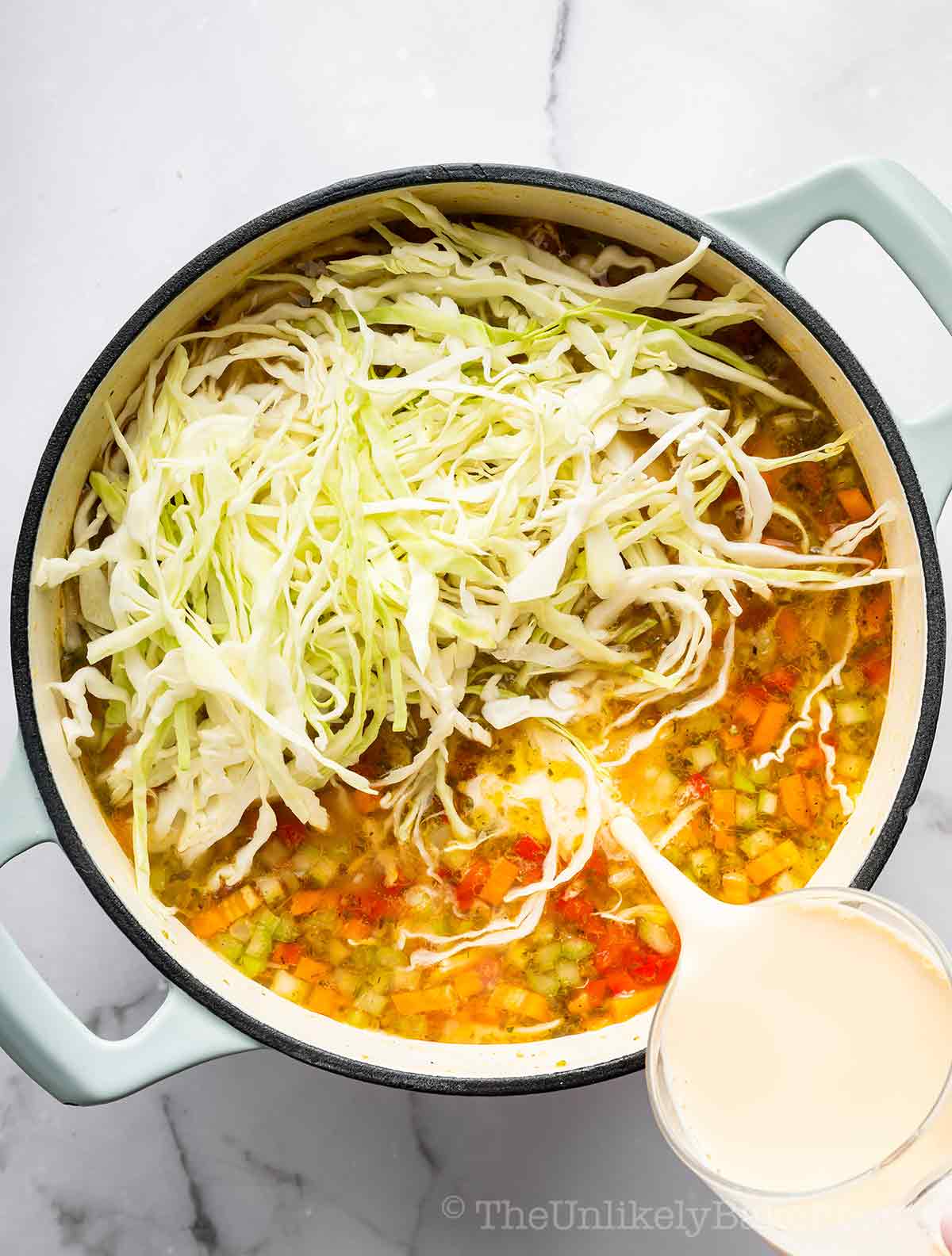 Cabbage and evaporated milk added to pot.