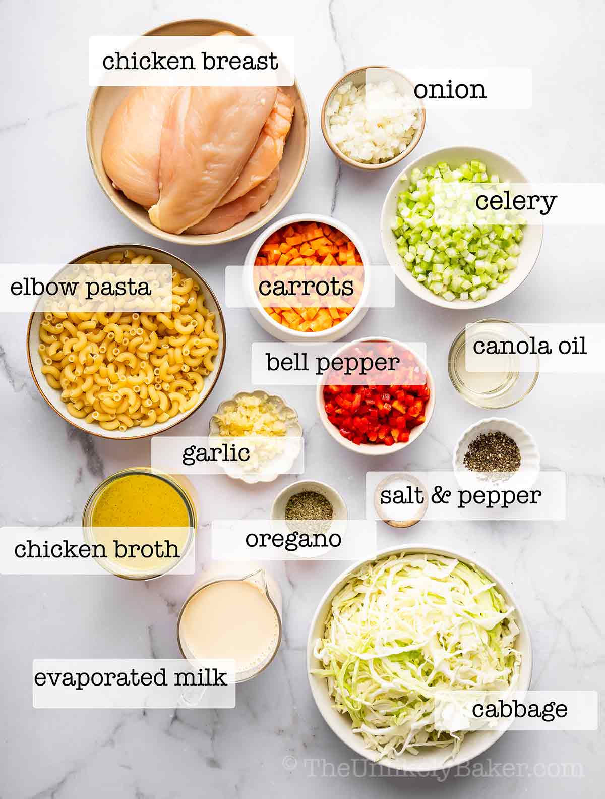 Chicken sopas ingredients with text overlay.