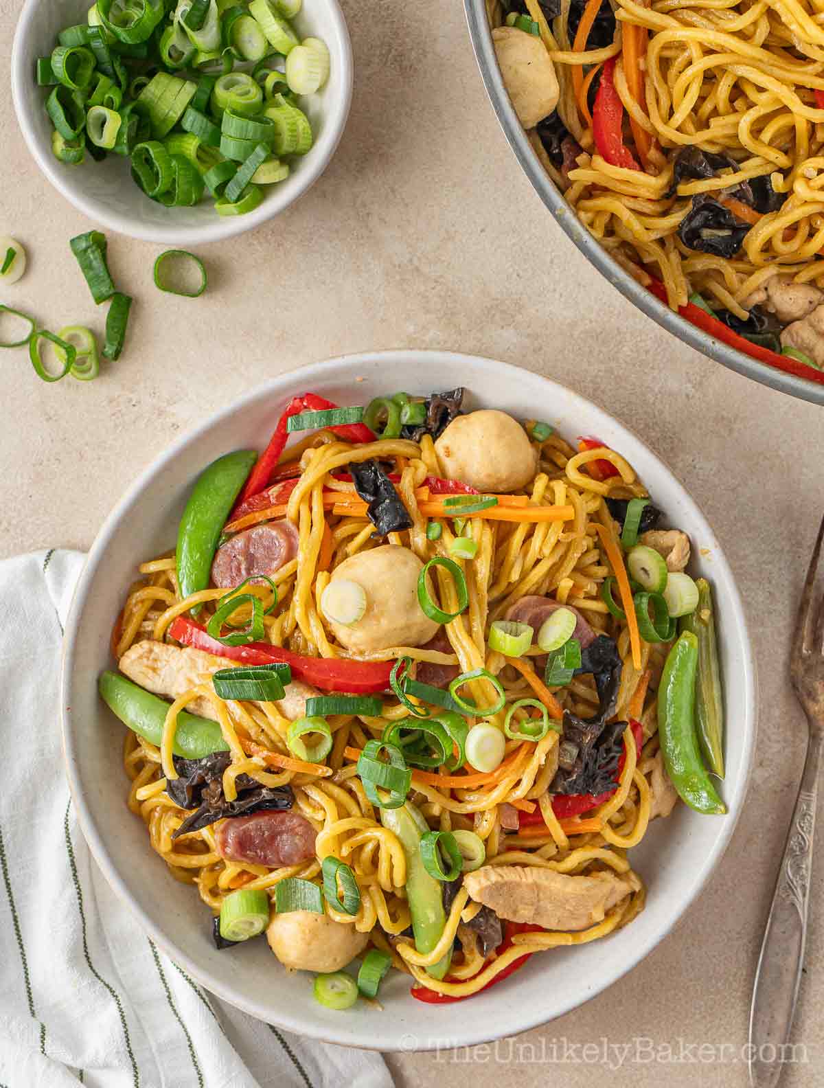 Chicken pancit canton in a bowl.