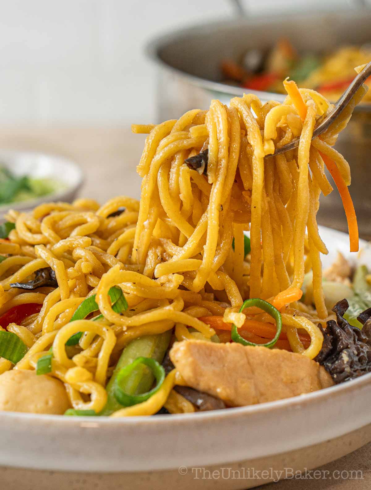 A bite of pancit canton noodles.