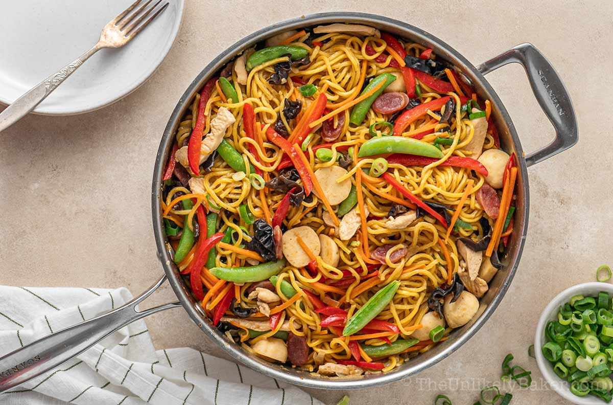 Pancit canton made using a Filipino recipe.