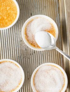 Sugar sprinkled on top of custard.