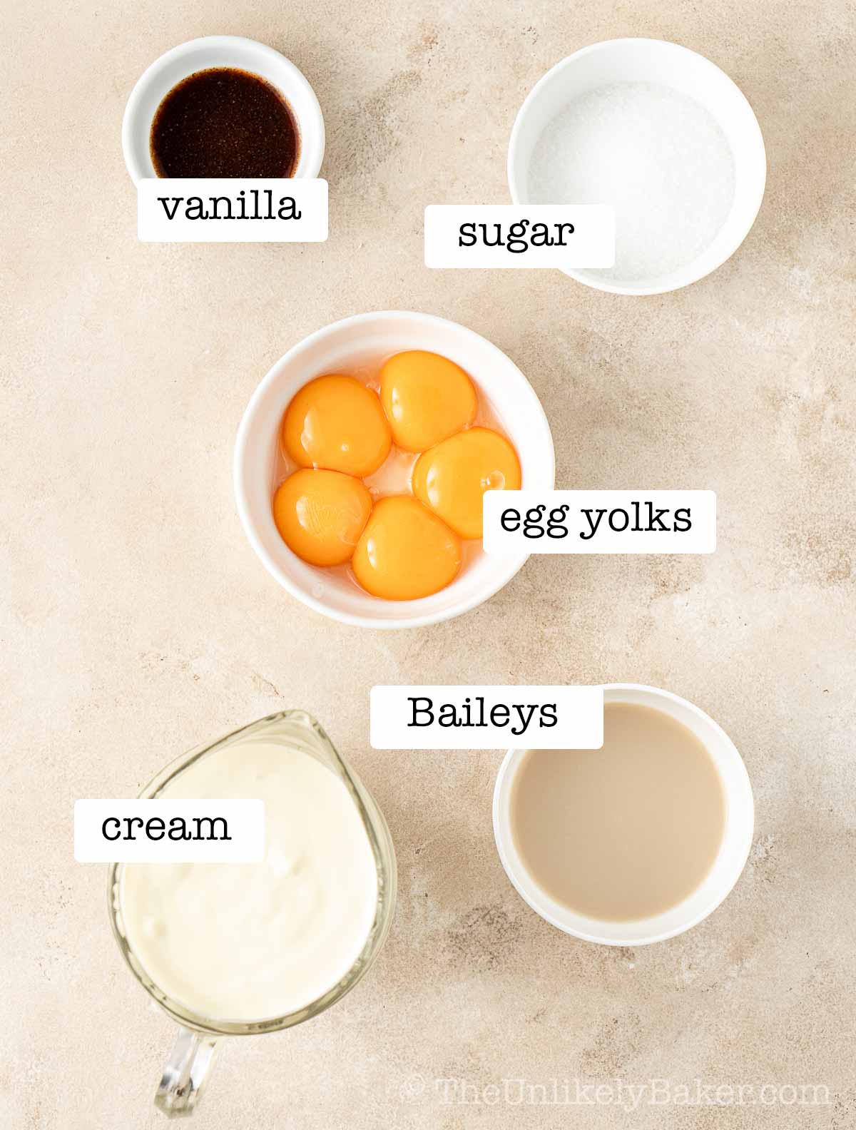 Ingredients for Baileys cr&egrave;me br&ucirc;l&eacute;e with text overlay.