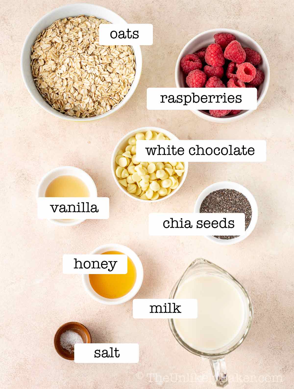 Ingredients for raspberry and white chocolate oats with text overlay.