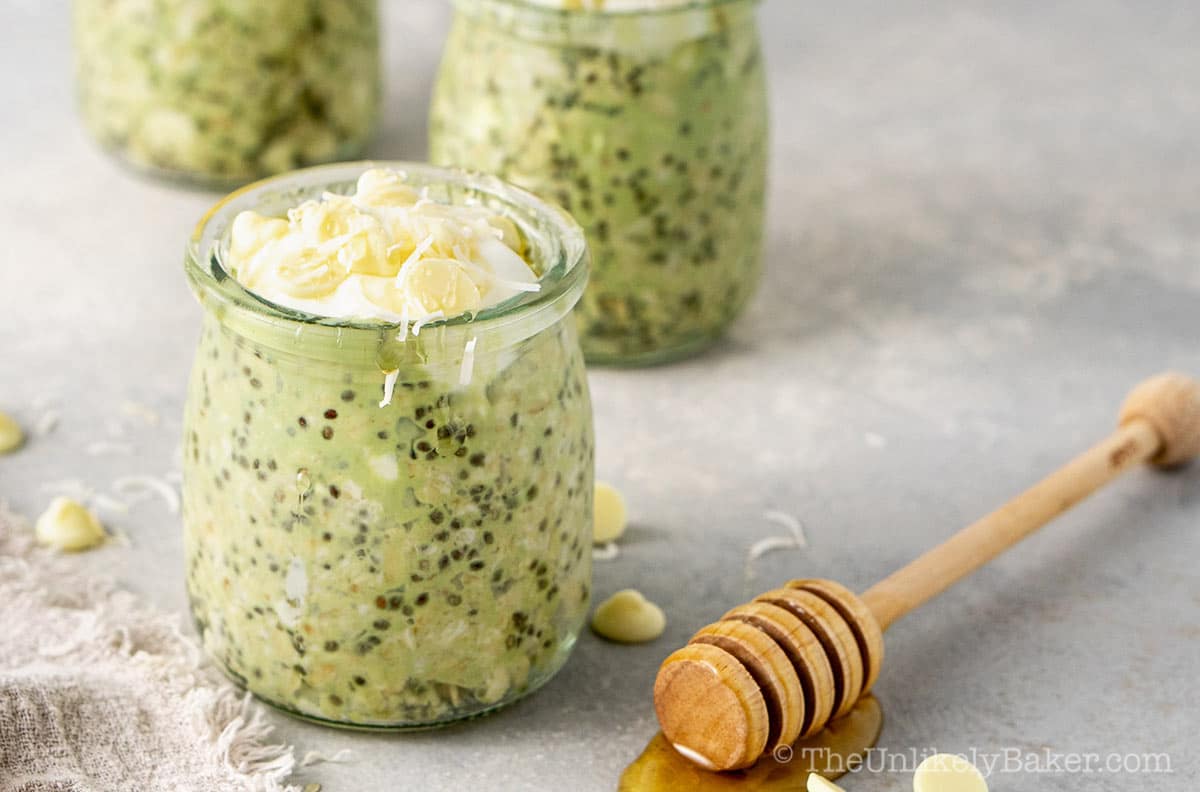 Matcha overnight oats with Greek yogurt.