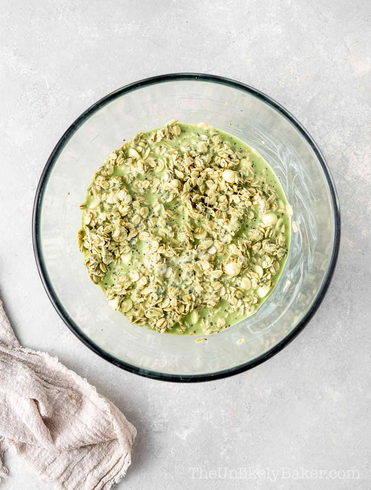 Matcha oats mixture in a bowl.