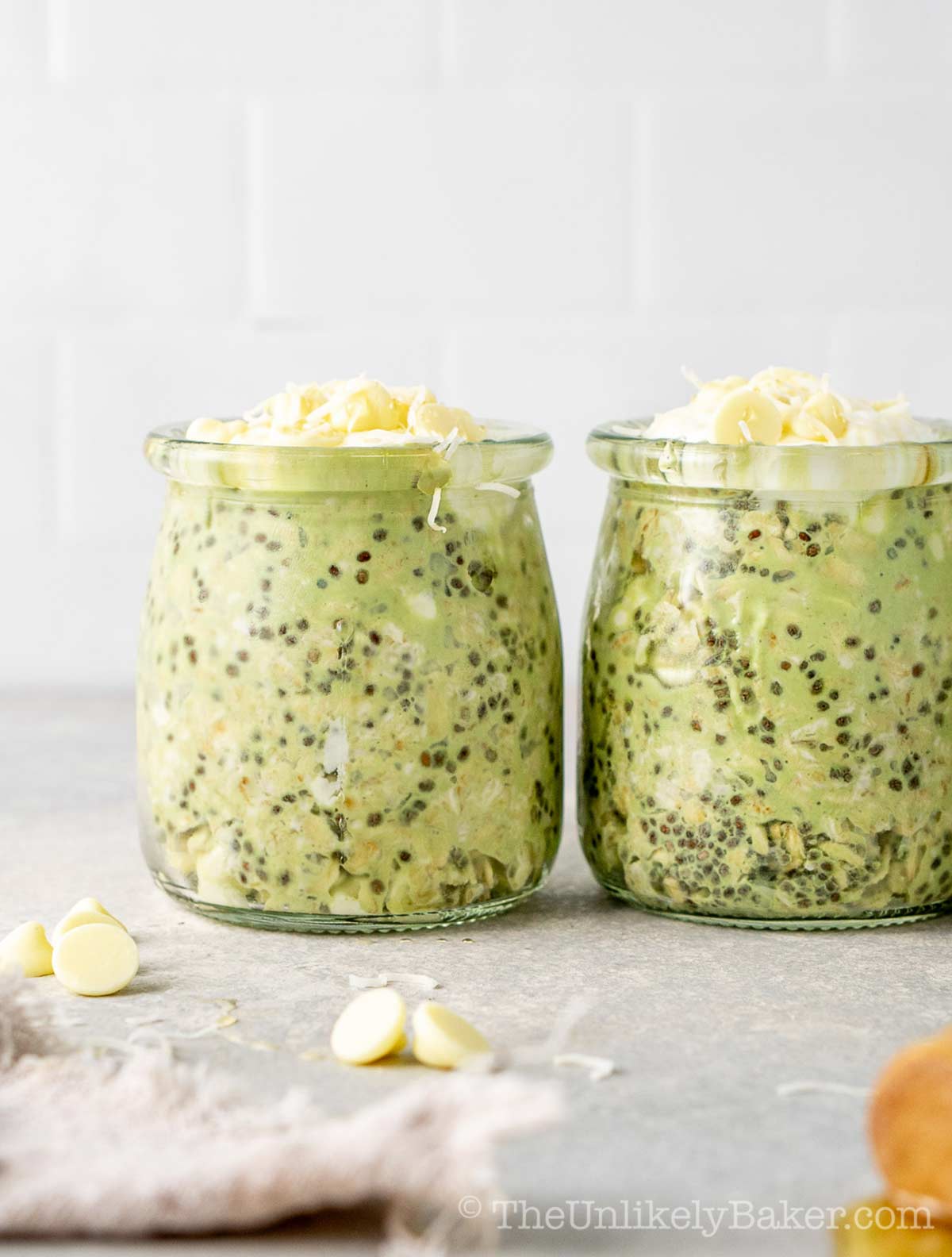 Overnight matcha oats with chia seeds.