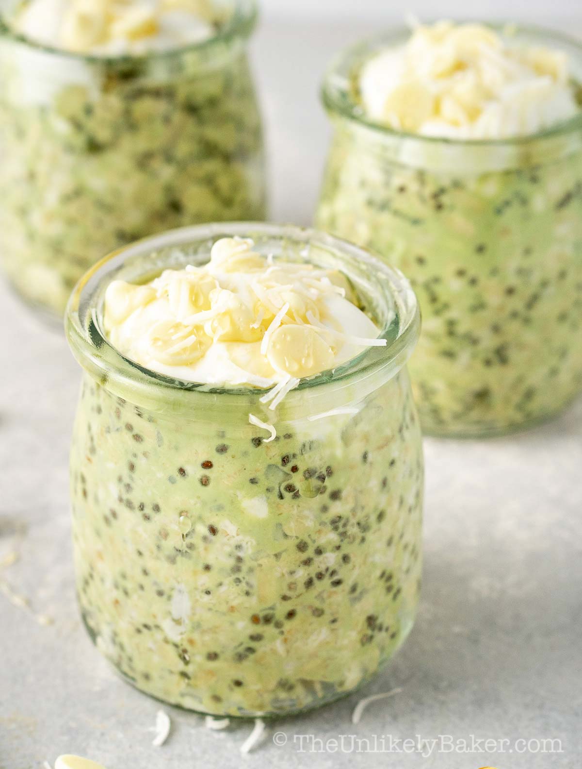 Overnight oats with matcha and white chocolate.