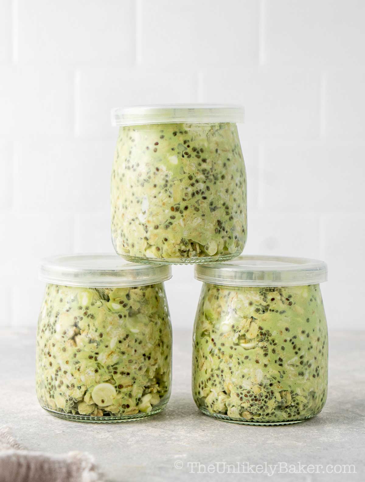 Overnight oats with matcha covered and ready to be chilled.