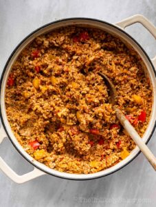 Pilaf mixture in a pot.