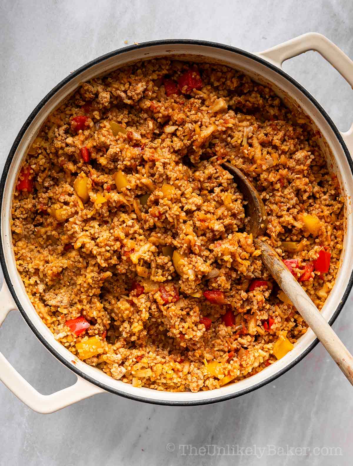 Pilaf mixture in a pot.