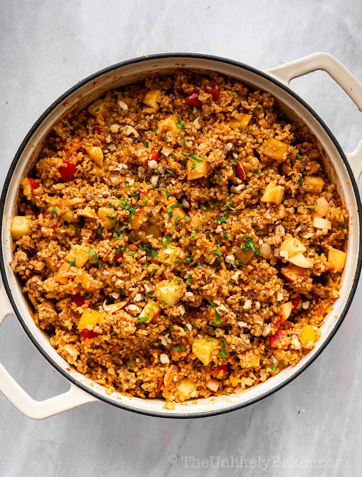 Freshly cooked bulgur pilaf in a pot.