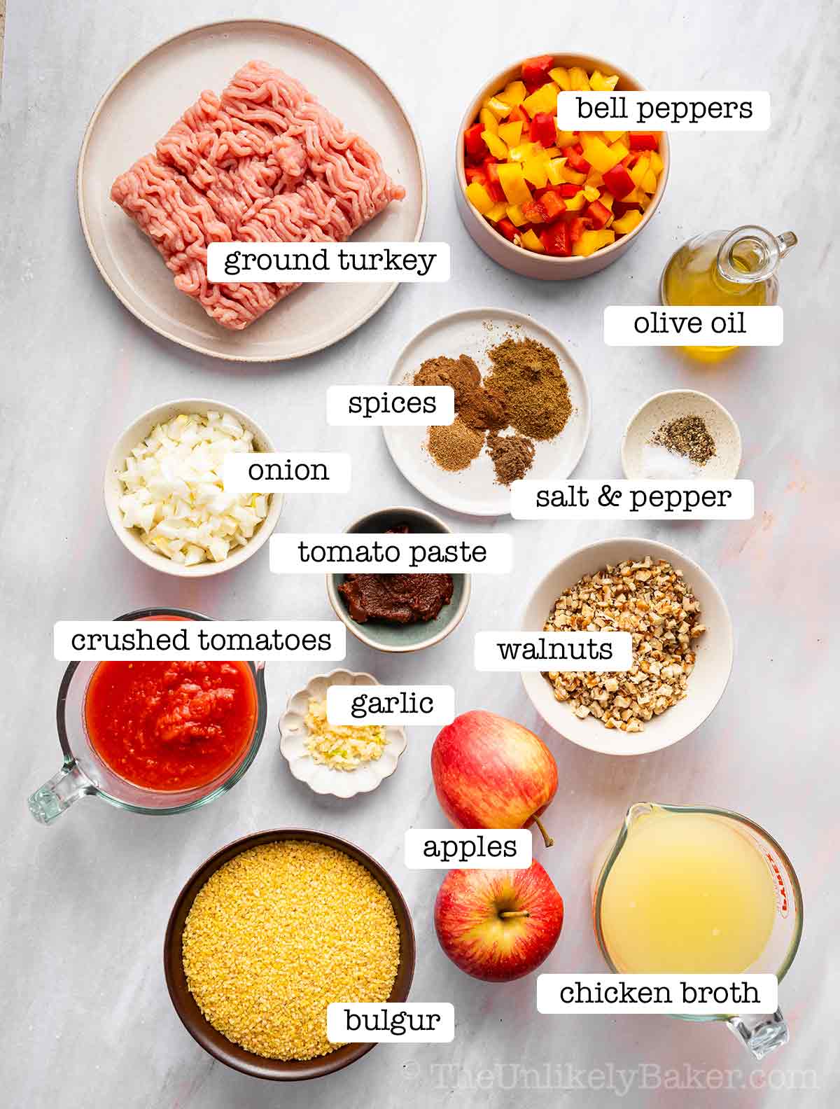 Ingredients for bulgur pilaf with text overlay.