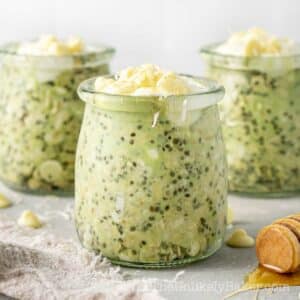 Matcha overnight oats in jars.
