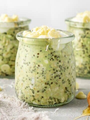 Matcha overnight oats in jars.
