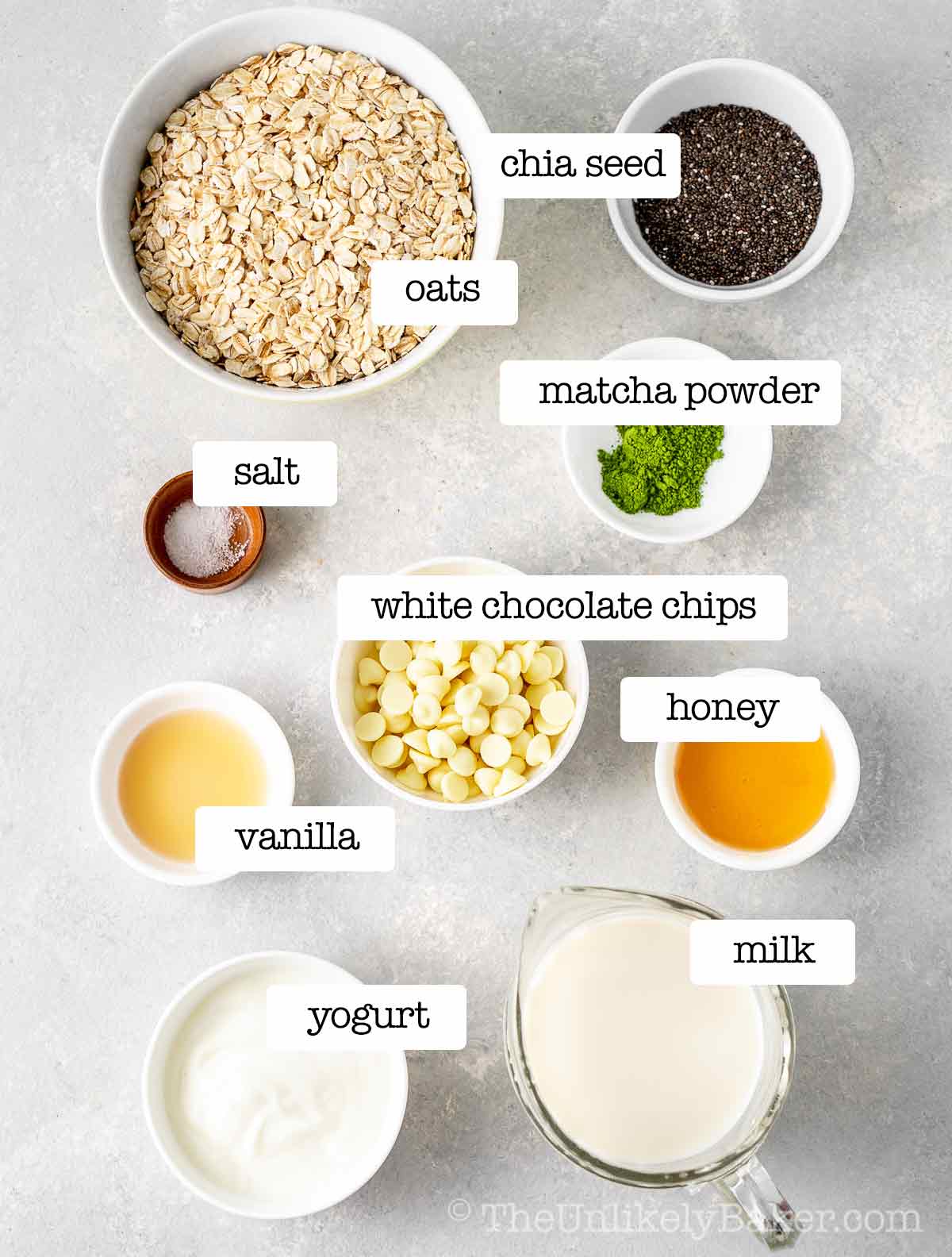 Ingredients for matcha overnight oats with text overlay.