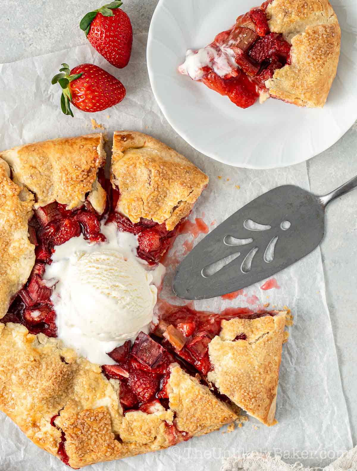 Overhead shot of strawberry and rhubarb galette.