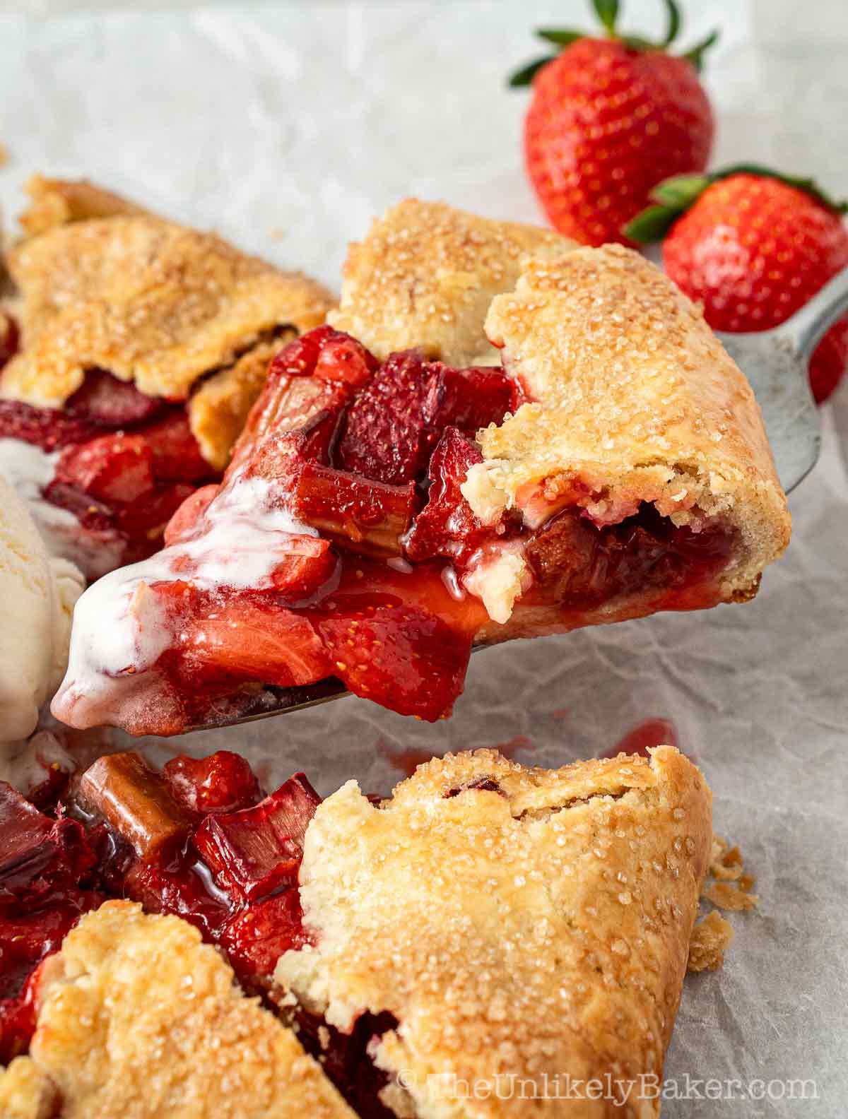 A slice of strawberry rhubarb galette.