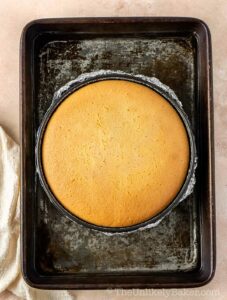 Freshly baked Japanese cotton cheesecake in a cake pan.