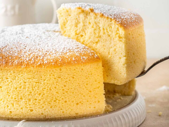A slice of Japanese souffle cheesecake.