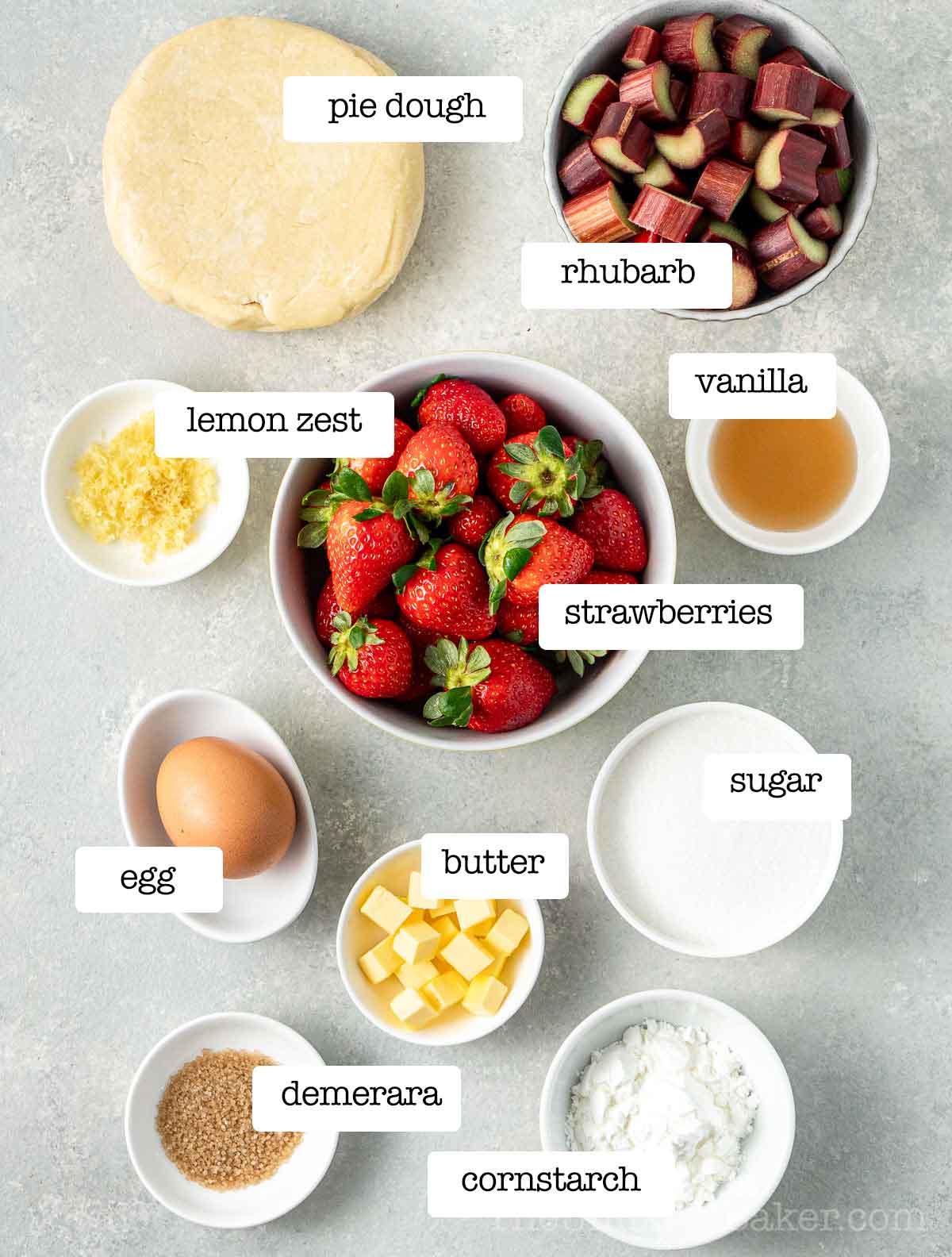 Ingredients for strawberry and rhubarb galette with text overlay.
