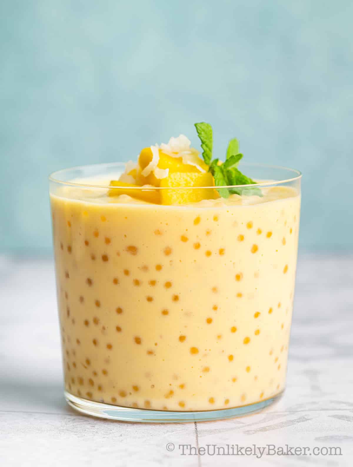 A glass of mango sago Filipino.