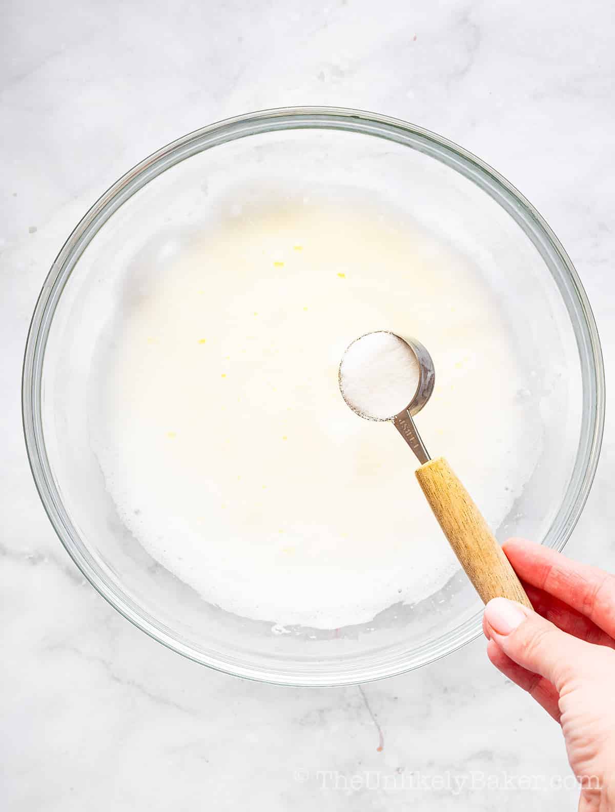 Sugar added to egg whites.