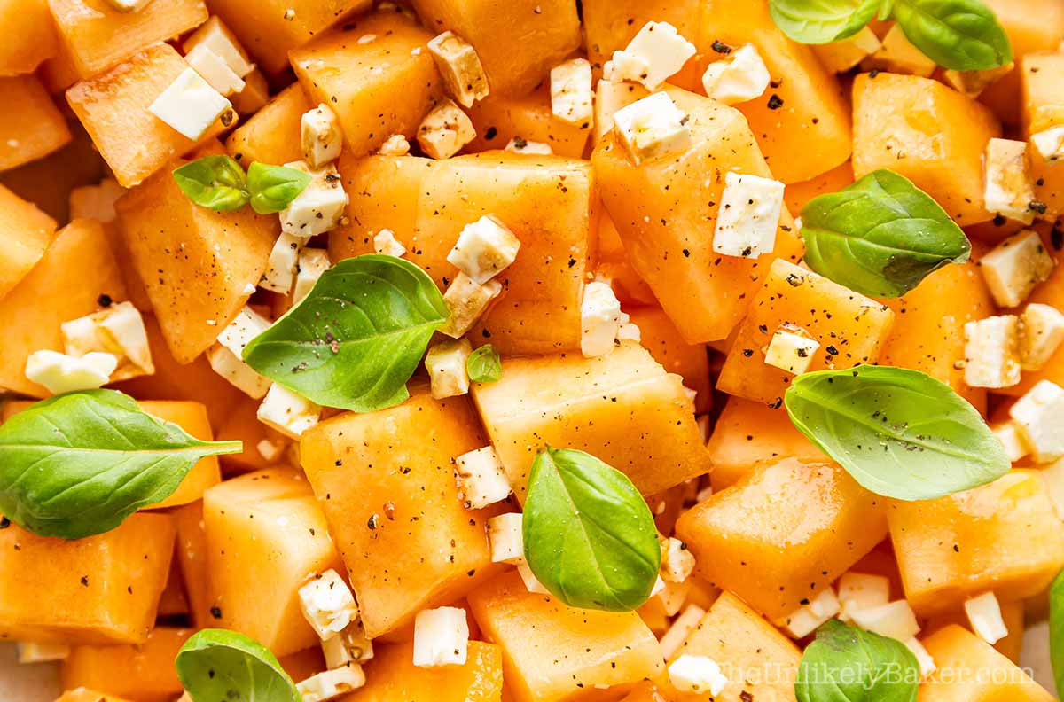 Close up shot of cantaloupe feta salad.