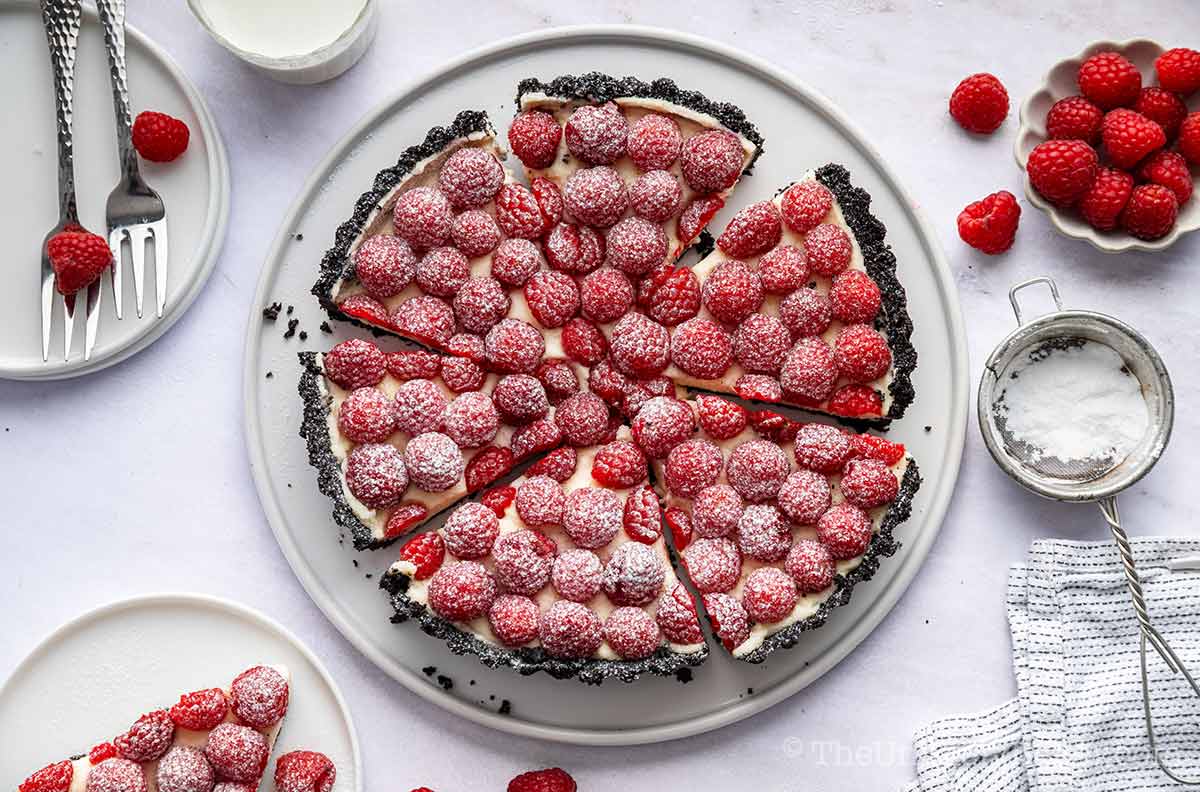 White chocolate tart with raspberries.