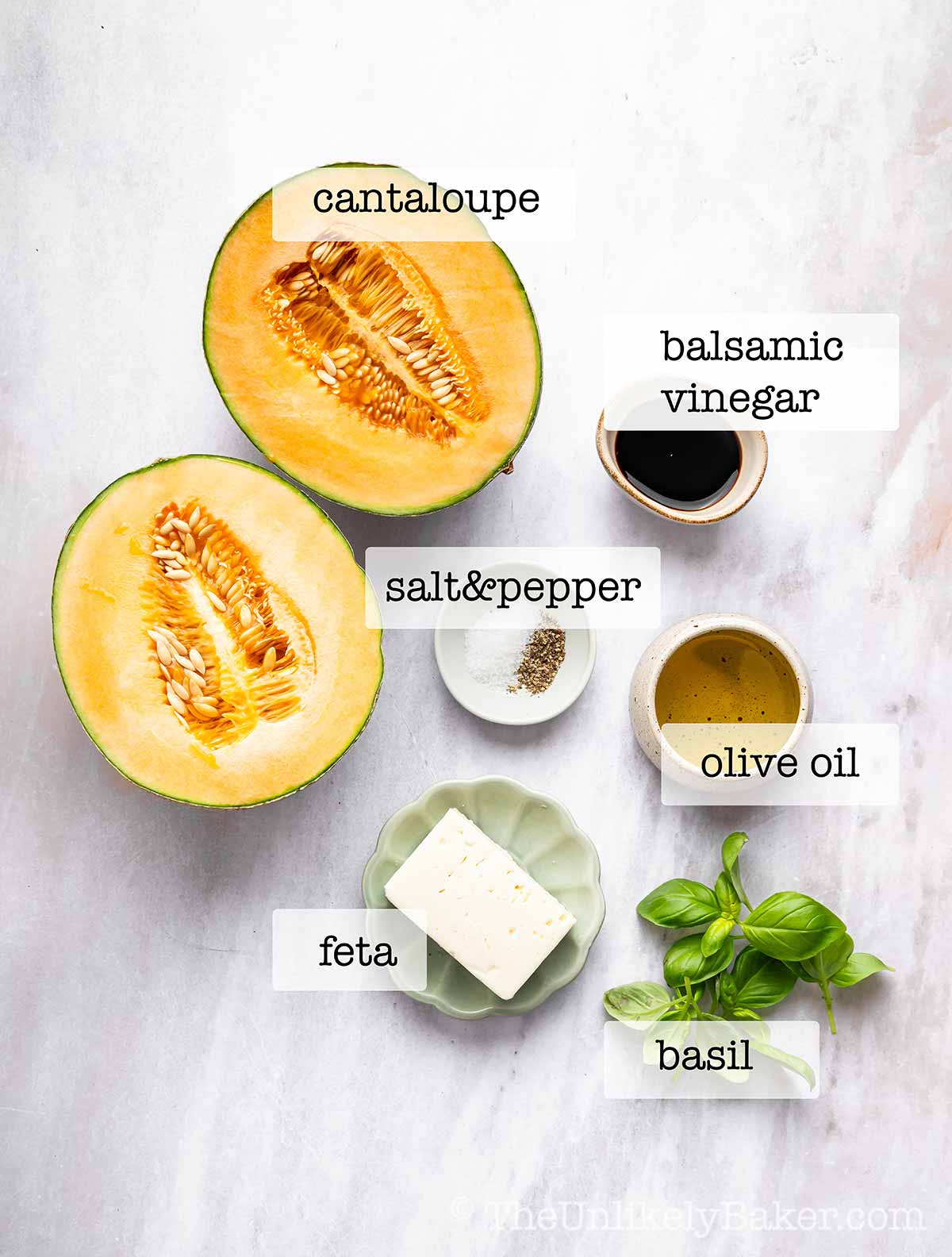 Ingredients for cantaloupe fruit salad with text overlay.