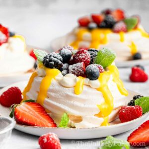 Lemon curd pavlova with fresh berries.