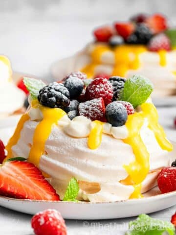 Lemon curd pavlova with fresh berries.