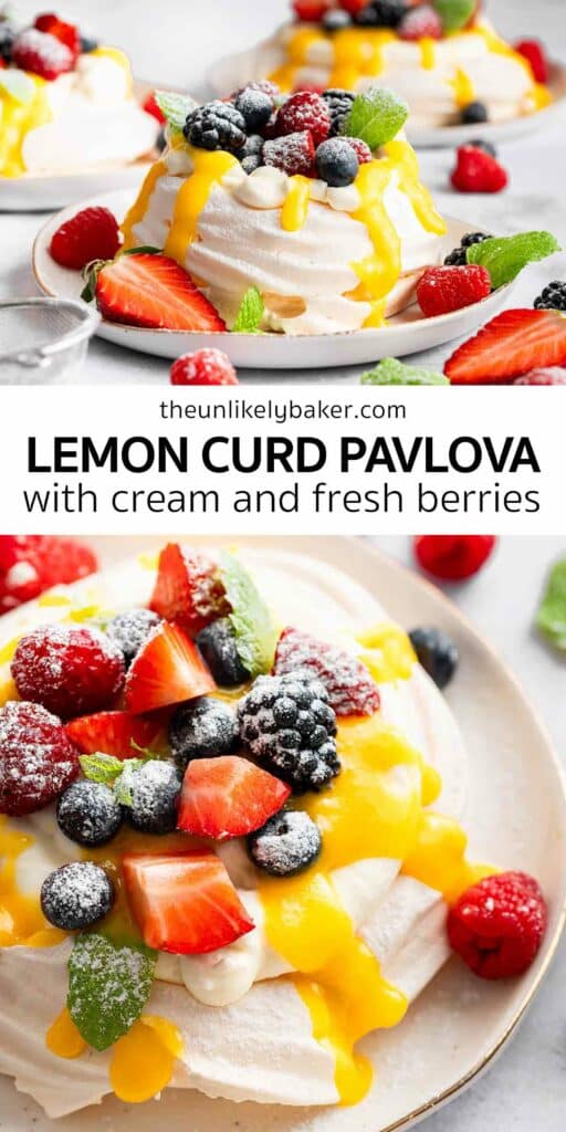 Pin for Lemon Curd Pavlova with Fresh Berries.