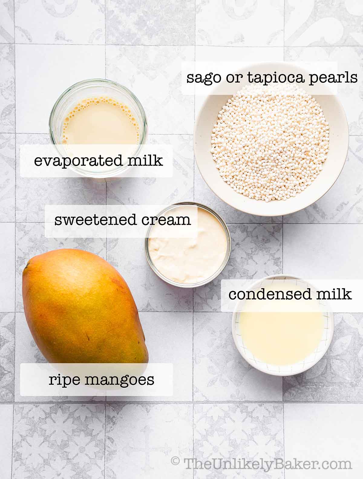 Ingredients for mango sago with text overlay.